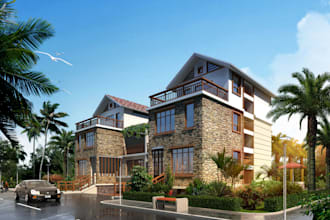 render cgi mansion,outdoor design,backyard with pool, villa sport space,interior
