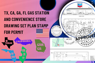 tx, ca, ga, fl gas station and convenience store drawing plan stamp for permit