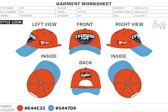 design a hat and cap with tech pack with mockup