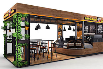 do 3d cgi fast food kiosk, coffee spot, trade show booth, 3d fast food truck