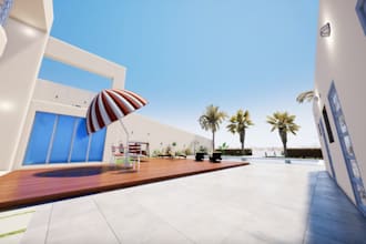 redesign cute outdoor,seating terrace,swimming pool, mansion backyard, landscape
