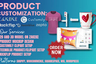 do 2d3d product customization on zakeke, customily, teeinblue, kickflip