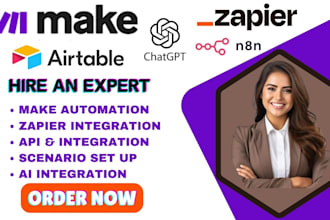 setup make com automation, make com integration, zapier, airtable, chatgpt, n8n