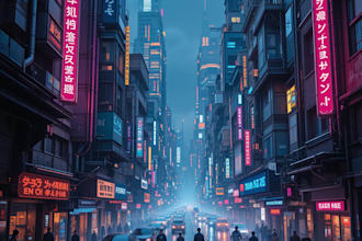 draw sci fi illustration of futuristic cyberpunk city