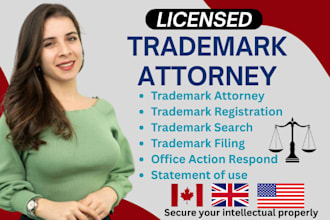 be US, canada, UK licensed trademark registration attorney, office action, sou,