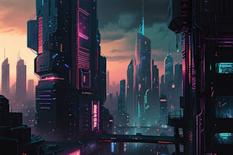draw a cyberpunk futuristic city art illustration