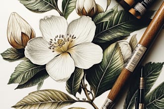 unique botanical illustrations of flowers, plants, line art