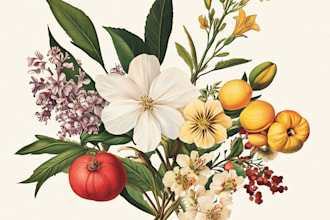 illustrate botanical and linocut vector art in unique style