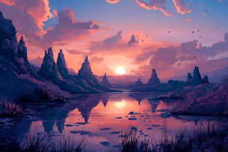 make a fantasy landscape, character logo and frien