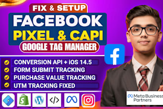 setup facebook pixel conversion API or meta pixel for shopify, GTM, fix utm