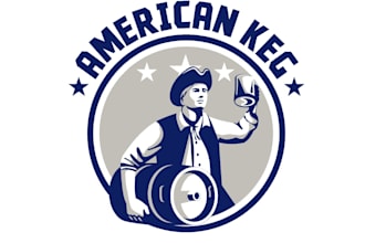 design american patriot carrying a beer keg while toasting a beer mug logo