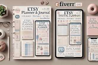 design etsy digital planner, hyperlinked journal, and printable calendar