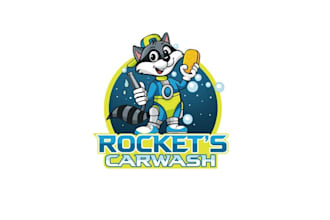 design rocket car wash racoon cartoon logo