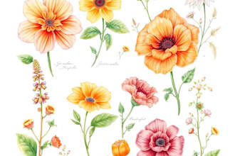 paint watercolor botanical illustration of flowers, plants, fruits