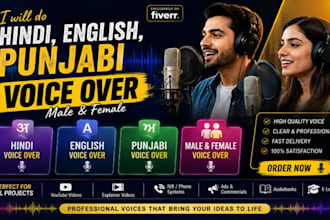 hindi, english, punjabi, kannada male and female voice over