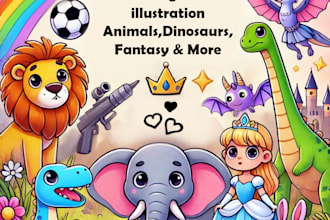 create a kids coloring book with animals, fantasy art