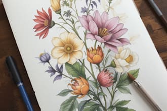 draw botanical illustrations of flowers, plants, fruits
