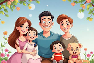 make disney style family and couple cartoon portrait