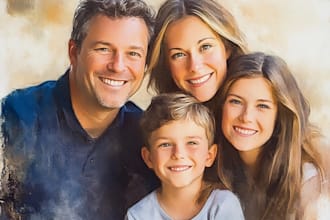 paint a family portrait into a digital watercolor painting with oil painting