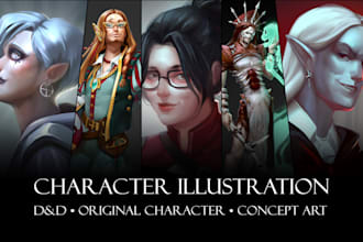 draw fantasy character concept art, portrait and dnd party