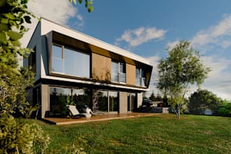 redesign 3d farm house lougue, interior rendering, landscape, tower, tiny villa