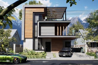 optimize 3d modern villa,exterior facede,render 8k interior,rooftop terrace,cgi
