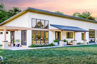 refurbish 3d cottage house exterior,pergola yard,modern interior,cgi room render