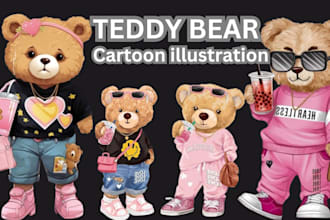 draw cartoon character illustration teddy bear streetwear for your brand