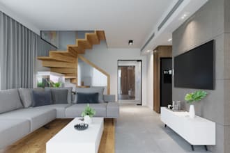 optimize 3d modern interior, patio, furniture set, stair design, color materials