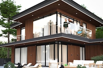 craft custom 3d luxury exterior villa, ikea furniture render,garden,outdoor pool