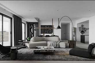 do photorealistic 3d minimalist bedroom, living room, apartment in render, rhino
