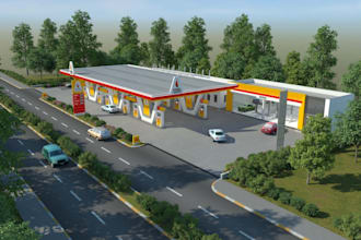 innovative 3d gas station with mall rendering,refinery,vectorwork,bim,warehouse