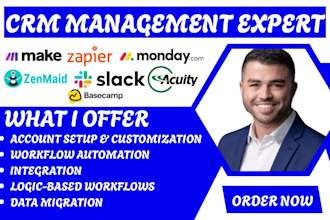 do zapier or make com integrations for monday slack zenmaid acuity basecamp crm