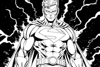 draw black and white comic superhero character line art