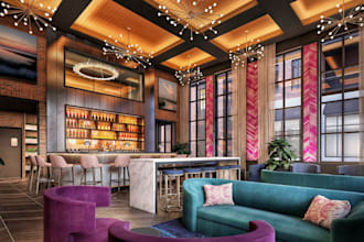 photorealistic rendering of restaurant, cafe, hotel rooms, lobby interior, loft
