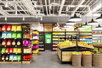 refurbish grocery store, jewelry store showroom, minimarket, store front render