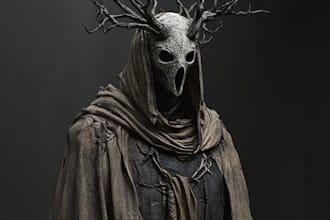 do a dark horror fantasy character art in black and white