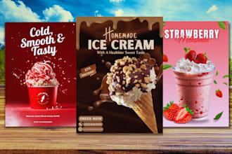 design food, drink, ice cream, juice, burger posters, flyers and restaurant menu