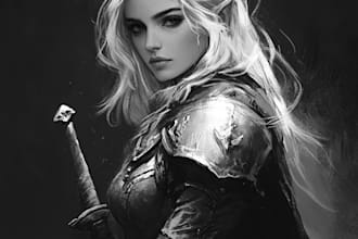 do fantasy character sketch illustrate in black and white