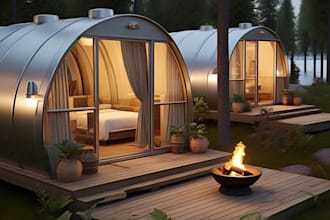 do a realistic 3d glamping dome, glamping pods, geodesic dome, 3d rendering