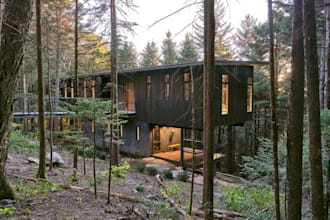 redesign 3d prefabricated house,forest cabin,exterior landscape,cgi room render