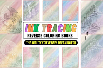 design reverse coloring, ink tracing and watercolor books
