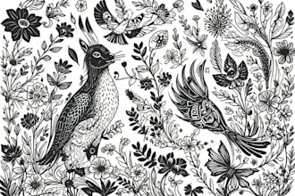 make animal and botanical linocut doodle illustration