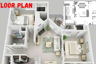 design room layout, interior design, furniture space planning with 3d rendering
