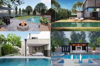 design backyard, garden, patio, pool, landscape, renovations, and render 3ds