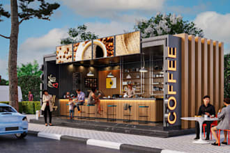 do a realistic 3d cgi cafe spot, fast food, coffee spot, kiosk design, 3d render