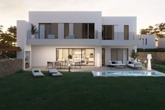 render 3d villa, house exterior, remodel 3d  concrete house interior, bedroom