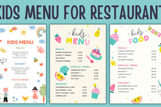 design kids menu for restaurant, coffee, birthday party
