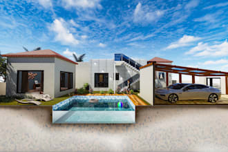 render cgi villa interior,modern house design,swim pool,playrooms,living,outdoor