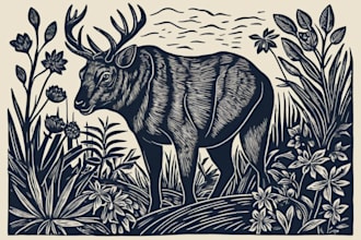 illustrate animal or botanical linocut based
